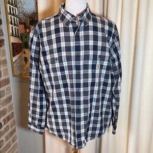 Carhartt Men’s Navy and White Plaid Button-Down Shirt